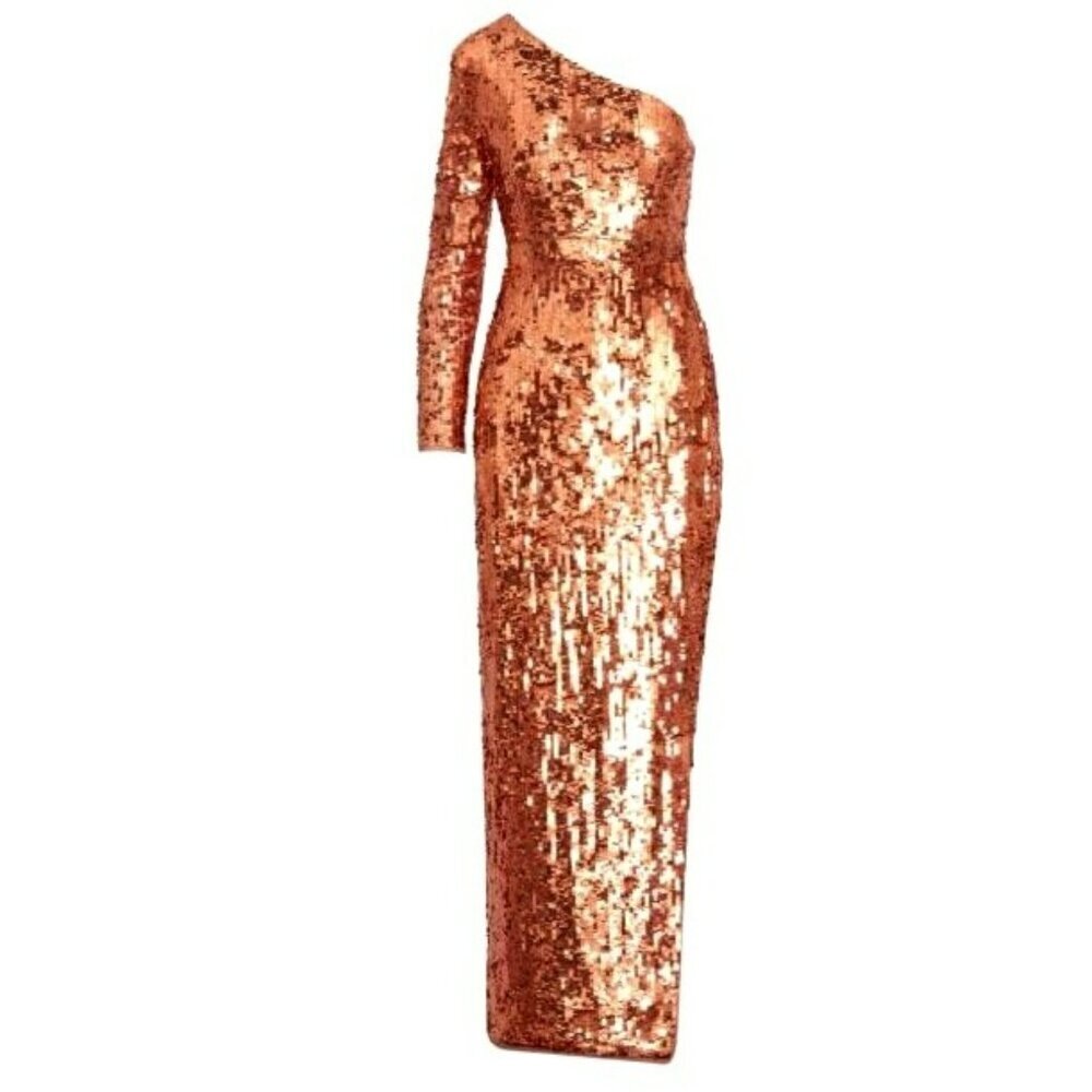 NEW Mac Duggal Copper Sequins One Shoulder Dress  Formal Gown Maxi Dress
